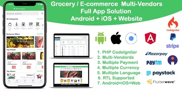 Grocery, Delivery services, eCommerce Multi Vendors (Android + iOS + Website) Ionic 5, CodeIgniter v7.0