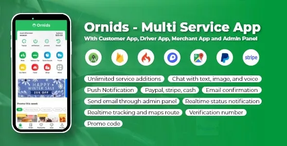 Ornids v2.1.0 - Multi Service App With Customer App, Driver App, Merchant App and Admin Panel