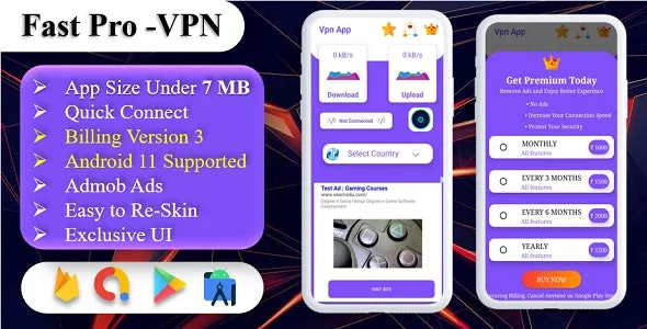 Fast-Pro VPN App, VPN Unblock Proxy, VPN In App Purchase, High Secure VPN, Admob Ads