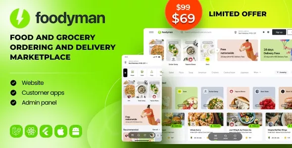 Foodyman v2023-13 - Multi-Restaurant Food and Grocery Ordering and Delivery Marketplace (Web & Customer Apps)