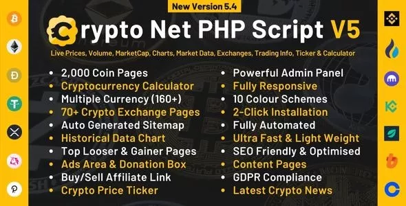 Crypto Net v5.2 - CoinMarketCap, Prices, Chart, Exchanges, Crypto Tracker, Calculator & Ticker PHP Script