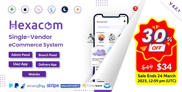 Hexacom v6.2.1 - Single Vendor eCommerce App with Website, Admin Panel and Delivery Boy App